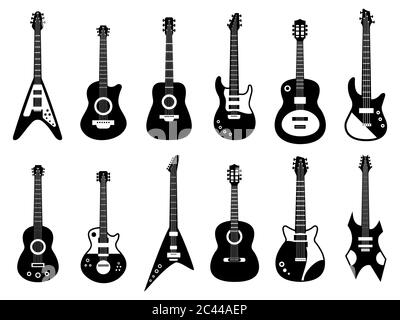 Silhouette de guitares. Instrument de musique électrique et acoustique noir, silhouette de guitare rock jazz, groupe musical guitares scénario icônes ensemble Illustration de Vecteur