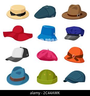 Chapeaux de tête. Coiffures élégantes pour hommes et femmes, casquettes modernes et rétro, chapeaux et casquettes élégants, accessoires de mode scénario icônes ensemble Illustration de Vecteur
