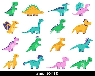 Dinosaures mignons. Dino, personnages drôles de dino, tyrannosaurus, stegosaurus et diplodocus ensemble d'illustrations isolées de vecteur Illustration de Vecteur