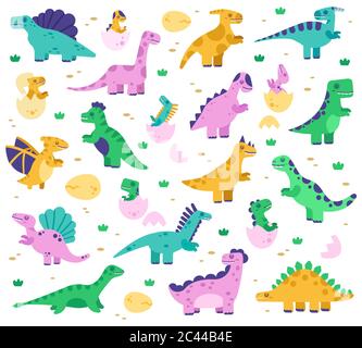 Dinosaures dessinés à la main. Mignon dino bébé dans les oeufs, jurassic era dinosaures personnages, diplodocus et tyrannosaurus vecteur isolé ensemble d'illustration Illustration de Vecteur