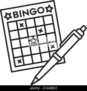 Bingo card and ball-point pen vector line icon for Bingo Day on June 27th. Game of fortune outline symbol Illustration de Vecteur