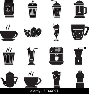 icône grains de café et boissons au café sur fond blanc, style silhouette, illustration vectorielle Illustration de Vecteur