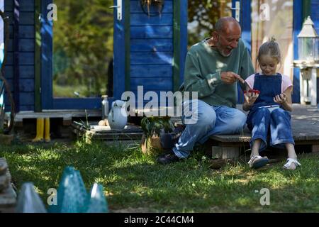 Grand-père et petite-fille aux framboises sur le bout des doigts, assis sur la terrasse dans le jardin Banque D'Images