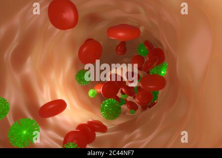 Illustration 3D des globules rouges et du coronavirus dans le sang Banque D'Images