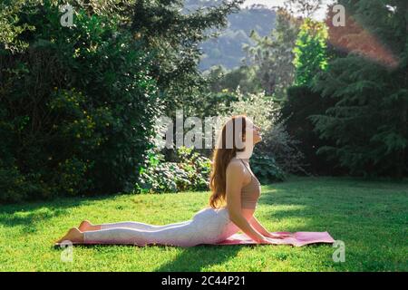 Jeune femme faisant du yoga sur un tapis dans l'herbe Banque D'Images