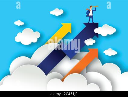 Concept de leadership avec flèches sur les nuages blancs. Homme d'affaires avec lunette sur une illustration supérieure dans le style de l'art papier. Affiche du chef d'entreprise Illustration de Vecteur