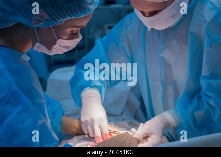 Les chirurgiens d'enfants effectuent la chirurgie urologique. Un homme et une femme dans un masque, et une robe stérile bleue, dans la salle d'opération. Banque D'Images