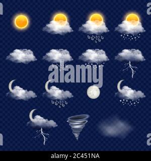 Ensemble d'icônes de prévision météorologique transparent, illustration vectorielle réaliste Illustration de Vecteur