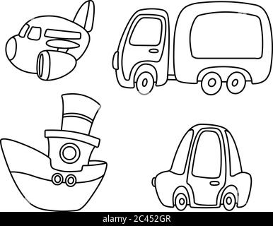 Ensemble de transport de dessins animés. Avion, camion, navire et voiture. Page de coloriage d'illustration d'illustration d'illustration vectorielle. Illustration de Vecteur