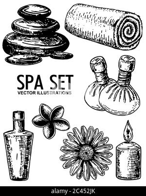 Ensemble de spa, dessin à la main à l'encre vectorielle Illustration de Vecteur