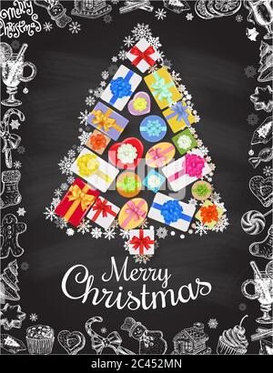 Modèle de carte Noël et nouvel an. Affiche vectorielle avec symboles dessinés à la main. Boîtes-cadeaux en forme d'arbre de Noël Illustration de Vecteur