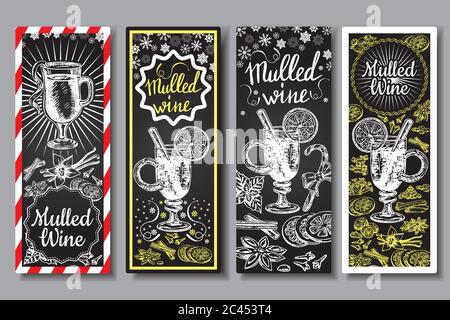 Ensemble de bannières vectorielles de vin à la main. Affiches noires et blanches avec verre à vin. Modèles de cartes de menu rétro Illustration de Vecteur