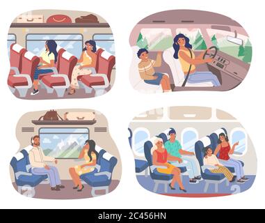 Passagers à l'intérieur de différents moyens de transport, illustration vectorielle isolée à plat Illustration de Vecteur