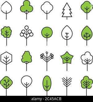 Ensemble de l'icône de l'arborescence de contour. Icônes minces de l'arbre abstrait. Délimiter les plantes linéaires. Remplissage de contour modifiable. Symbole vectoriel isolé simple d'arbre. Illustration de Vecteur