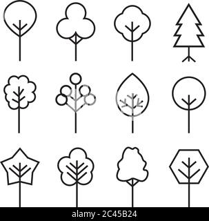 Ensemble de l'icône de l'arborescence de contour. Icônes minces de l'arbre abstrait. Délimiter les plantes linéaires. Remplissage de contour modifiable. Symbole vectoriel isolé simple d'arbre. Illustration de Vecteur