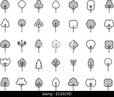 Ensemble de l'icône de l'arborescence de contour. Icônes minces de l'arbre abstrait. Délimiter les plantes linéaires. Remplissage de contour modifiable. Symbole vectoriel isolé simple d'arbre. Vecteur. Illustration de Vecteur