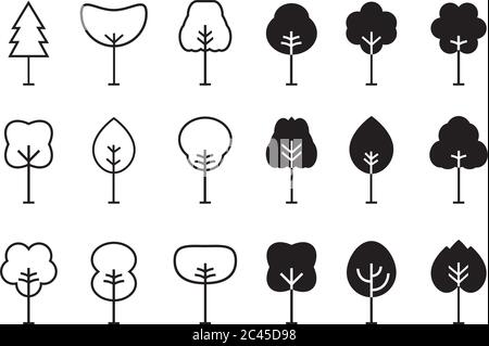 Ensemble de l'icône de l'arborescence de contour. Icônes minces de l'arbre abstrait. Délimiter les plantes linéaires. Remplissage de contour modifiable. Symbole vectoriel isolé simple d'arbre. Vecteur. Illustration de Vecteur