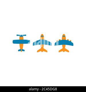 Ensemble d'icônes de dessin animé vecteur coloré d'avion. Avion à réaction, avion rétro avec icônes de dessin animé de vis à air en bleu et orange. Illustration de Vecteur