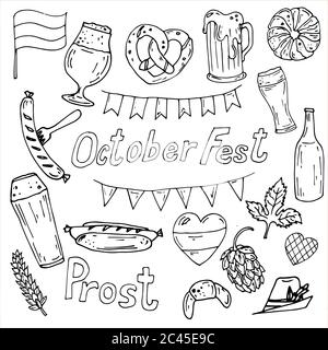 Octoberfest vector icônes, contour, verre à bière, hop, saucisse, drapeaux, décorations. Isolé sur fond blanc. Autocollants de collection. Illustration de Vecteur