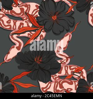 Motif serpent de jardin dangereux, papier peint à fleurs de reptile et de pivoine, arrière-plan macro sans couture de la faune. Décoration florale noire rouge contrast Illustration de Vecteur
