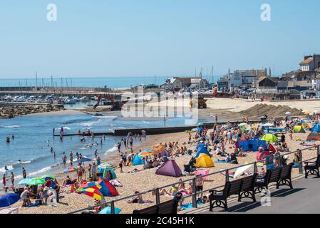 Lyme Regis, Dorset, Royaume-Uni. 24 juin 2020. Météo Royaume-Uni. Les amateurs de plage se rassemblent dans la station balnéaire de Lyme Regis pour profiter du soleil brûlant le jour le plus chaud de l'année seulement pour trouver la plage principale de la ville fermée pour les travaux de dragage majeurs. Les entreprises de la ville, déjà victimes de pertes majeures du blocage du coronavirus, pourraient être pardonnées pour questioning le moment des travaux qui ont lieu sur une journée ensoleillée glorieuse, tout comme la ville est enchanteur pour accueillir les visiteurs de retour crédit: Celia McMahon/Alay Live News Banque D'Images
