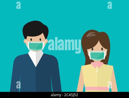 Homme et femme portant des masques médicaux. Les personnes portant un masque médical de protection pour prévenir le virus Covid-19. Illustration vectorielle. Illustration de Vecteur