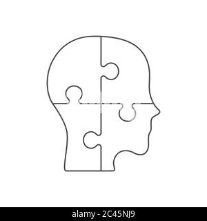 La tête humaine sous forme de puzzle. Modèle d'infographie. Quatre pièces de scie sauteuse forment un tout. Contour noir sur fond blanc. Questions dans l'esprit humain. Illustration de Vecteur