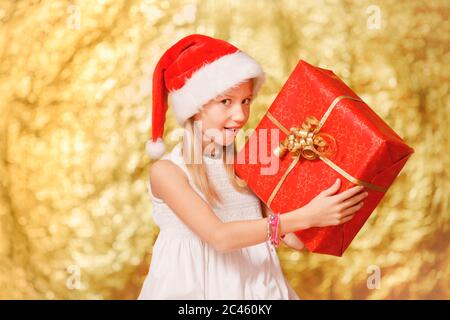 Jeune fille, âge scolaire, tenant un cadeau de Noël, portant un chapeau de Noël devant le canal festif Banque D'Images