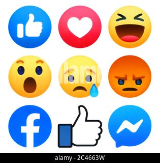 Kiev, Ukraine - 10 mai 2019: Nouveau Facebook Like Button 6 empathique réactions Emoji avec Messenger et symbole Like imprimé sur le livre blanc. Facebook est Banque D'Images