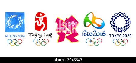 Kiev, Ukraine - 11 mars 2019 : collection des logos officiels des Jeux Olympiques d'été 2020 à Tokyo, 2016 à Rio, 2012 à Londres, 2008 à Beijing, Banque D'Images