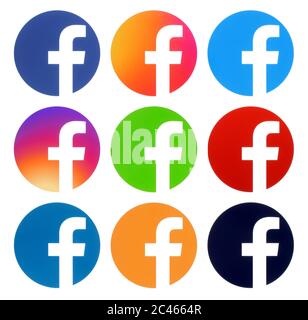 Kiev, Ukraine - Aplril 25, 2019: Collection de logos Facebook à tour de couleur, imprimé sur papier blanc. Facebook est un service de réseautage social bien connu Banque D'Images