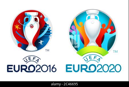 Kiev, Ukraine - 04 octobre 2019 : logos officiels des Championnats d'Europe de l'UEFA 2016 et 2020, imprimés sur papier blanc Banque D'Images