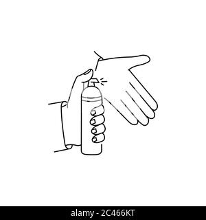 Mains appliquant un spray d'alcool ou anti bactéries spray contour icône isolé fond blanc Illustration de Vecteur