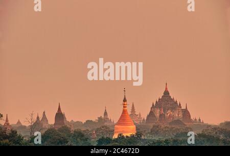 Vue sur les plaines de Bagan, Myanmar avec lumière douce et chaude, temples bouddhistes Banque D'Images