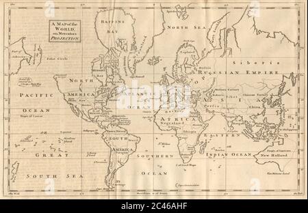 Une carte du monde sur Mercator projection. Davis Land. GENTS MAG 1755 vieux Banque D'Images