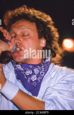 Étranger sur scène à Wembley Arena, Londres 1985 : la chanteuse Lou Gramm Banque D'Images