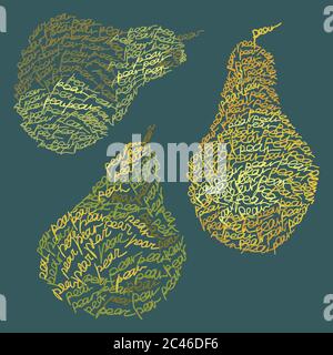 Modèle de logo Vector avec trois fruits à la poire composés du mot « Pear » - emblème abstrait pour les magasins biologiques, les magasins de nourriture saine ou les cafés végétariens Illustration de Vecteur