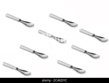 en diagonale, huit spatules de cuisson en métal argenté isolées sur fond blanc Banque D'Images