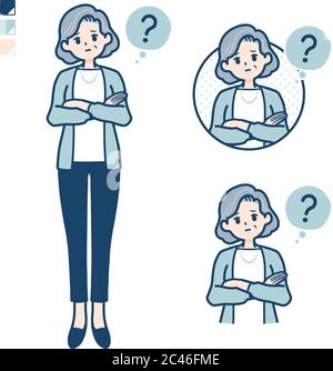 Femme âgée en costume avec images de questions. Il s'agit d'un vecteur d'art, ce qui facilite l'édition. Illustration de Vecteur