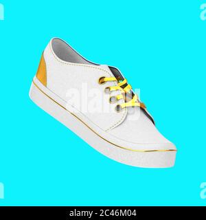 Nouvelles sneakers sans marque White Blank avec dentelle dorée sur fond bleu. Rendu 3d Banque D'Images