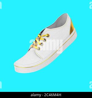 Nouvelles sneakers sans marque White Blank avec dentelle dorée sur fond bleu. Rendu 3d Banque D'Images