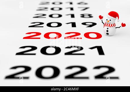 Nouveau panneau de 2020 ans avec Snowman sur fond blanc. Rendu 3d Banque D'Images