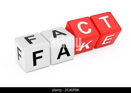 Blocs de cube avec la transition de faux à un mot de fait sur un fond blanc. Rendu 3d Banque D'Images