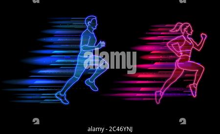 Homme et femme courir le style de lumière néon, jogging personnes ensemble. Illustration vectorielle de concept de sport et de mode de vie sain Illustration de Vecteur