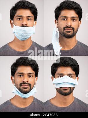 Collage de jeunes hommes dans l'utilisation incorrecte des masques chirurgicaux - sensibilisation, concept de sécurité à l'ware masque correctement, pour protéger contre le coronavirus ou le covid Banque D'Images