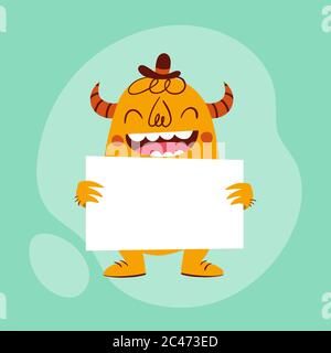 Monstre drôle tenant une carte vierge. Personnage de style rétro de dessin animé de couleur orange, derrière une carte, avec un large sourire. Illustration vectorielle, idéale pour Illustration de Vecteur