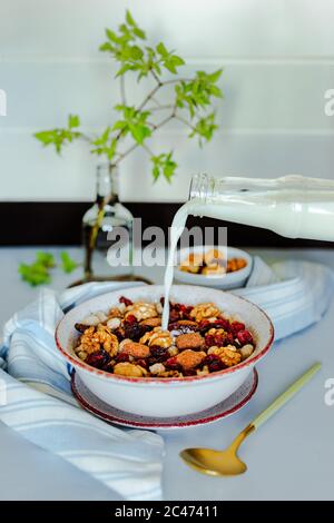 Verser le lait dans un bol de granola avec des noix, du chocolat et des canneberges séchées. Petit bol avec noix, cuillère, serviette, branche verte sur le fond. A Banque D'Images