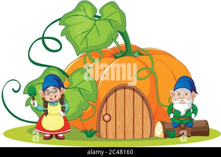 Gnomes et maison de citrouille style de dessin animé sur fond blanc illustration Illustration de Vecteur