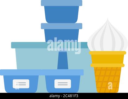 Récipients en plastique et crème glacée dans un gaufrier vecteur plat isolé Illustration de Vecteur