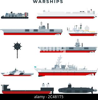 Navires de guerre de différents types, ensemble. Bateaux militaires, vue latérale. Collection d'icônes vectorielles de navire de guerre, isolées sur fond blanc. Illustration de Vecteur